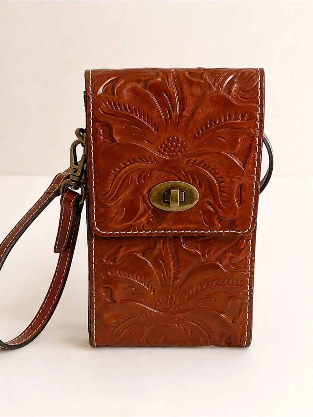 Patricia Nash Rivella Tooled Leather Crossbody Phone Bag Florence Brown NWT